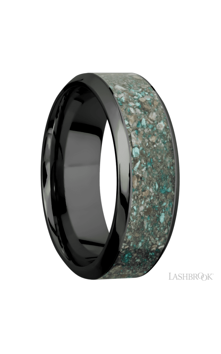 8 mm wide/High Bevel/Zirconium band with one 5 mm Centered inlay of Ocean Jasper. - Diamonds By Rothschild