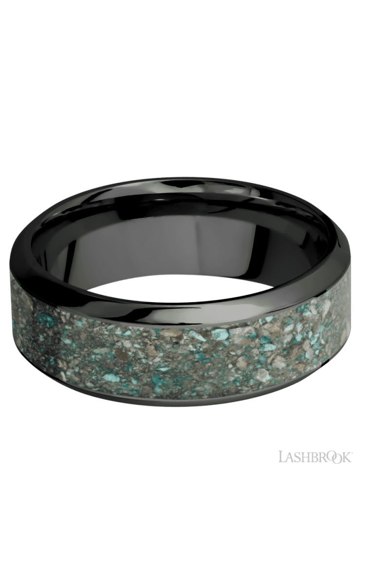 8 mm wide/High Bevel/Zirconium band with one 5 mm Centered inlay of Ocean Jasper. - Diamonds By Rothschild
