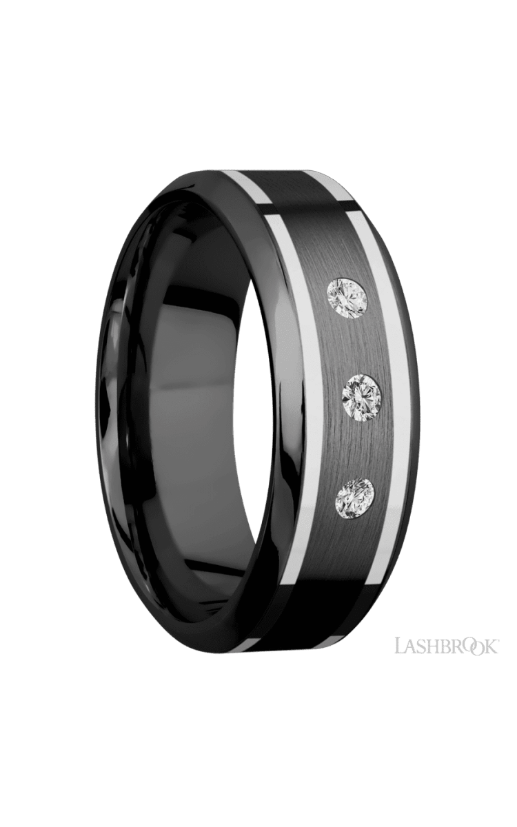 8 mm wide/High Bevel/Zirconium band with two 1 mm Wide inlays of 14K White Gold and featuring an arrangement of 3, .05 carat Round Diamond (ST) stones in a Flush setting - Diamonds By Rothschild
