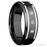 8 mm wide/High Bevel/Zirconium band with two 1 mm Wide inlays of 14K White Gold and featuring an arrangement of 3, .05 carat Round Diamond (ST) stones in a Flush setting - Diamonds By Rothschild