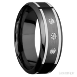 8 mm wide/High Bevel/Zirconium band with two 1 mm Wide inlays of 14K White Gold and featuring an arrangement of 3, .05 carat Round Diamond (ST) stones in a Flush setting - Diamonds By Rothschild
