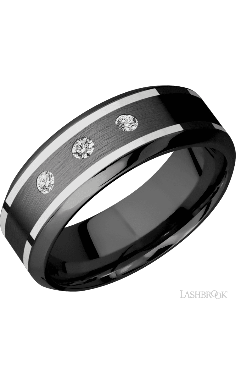 8 mm wide/High Bevel/Zirconium band with two 1 mm Wide inlays of 14K White Gold and featuring an arrangement of 3, .05 carat Round Diamond (ST) stones in a Flush setting - Diamonds By Rothschild