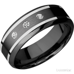 8 mm wide/High Bevel/Zirconium band with two 1 mm Wide inlays of 14K White Gold and featuring an arrangement of 3, .05 carat Round Diamond (ST) stones in a Flush setting - Diamonds By Rothschild