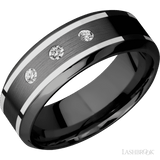 8 mm wide/High Bevel/Zirconium band with two 1 mm Wide inlays of 14K White Gold and featuring an arrangement of 3, .05 carat Round Diamond (ST) stones in a Flush setting - Diamonds By Rothschild