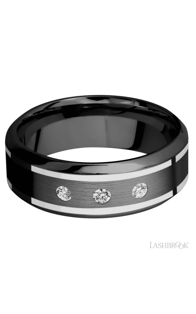 8 mm wide/High Bevel/Zirconium band with two 1 mm Wide inlays of 14K White Gold and featuring an arrangement of 3, .05 carat Round Diamond (ST) stones in a Flush setting - Diamonds By Rothschild