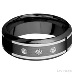 8 mm wide/High Bevel/Zirconium band with two 1 mm Wide inlays of 14K White Gold and featuring an arrangement of 3, .05 carat Round Diamond (ST) stones in a Flush setting - Diamonds By Rothschild