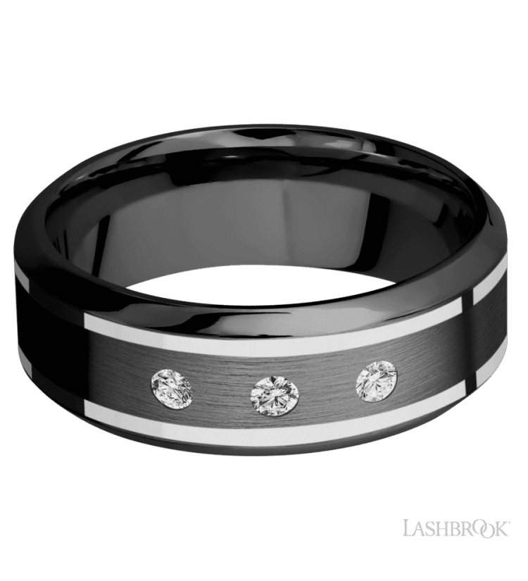 8 mm wide/High Bevel/Zirconium band with two 1 mm Wide inlays of 14K White Gold and featuring an arrangement of 3, .05 carat Round Diamond (ST) stones in a Flush setting - Diamonds By Rothschild