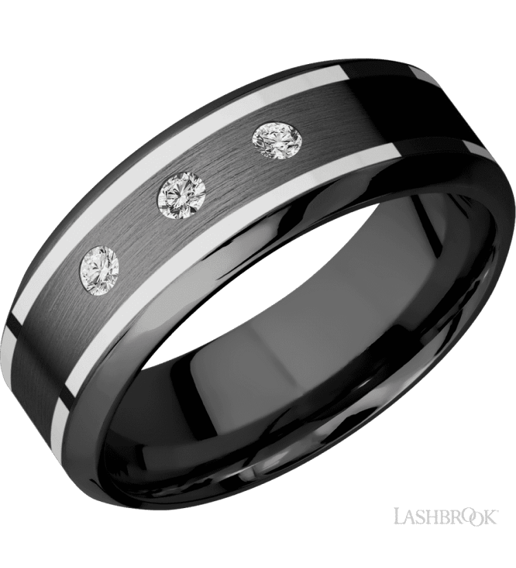 8 mm wide/High Bevel/Zirconium band with two 1 mm Wide inlays of 14K White Gold and featuring an arrangement of 3, .05 carat Round Diamond (ST) stones in a Flush setting - Diamonds By Rothschild