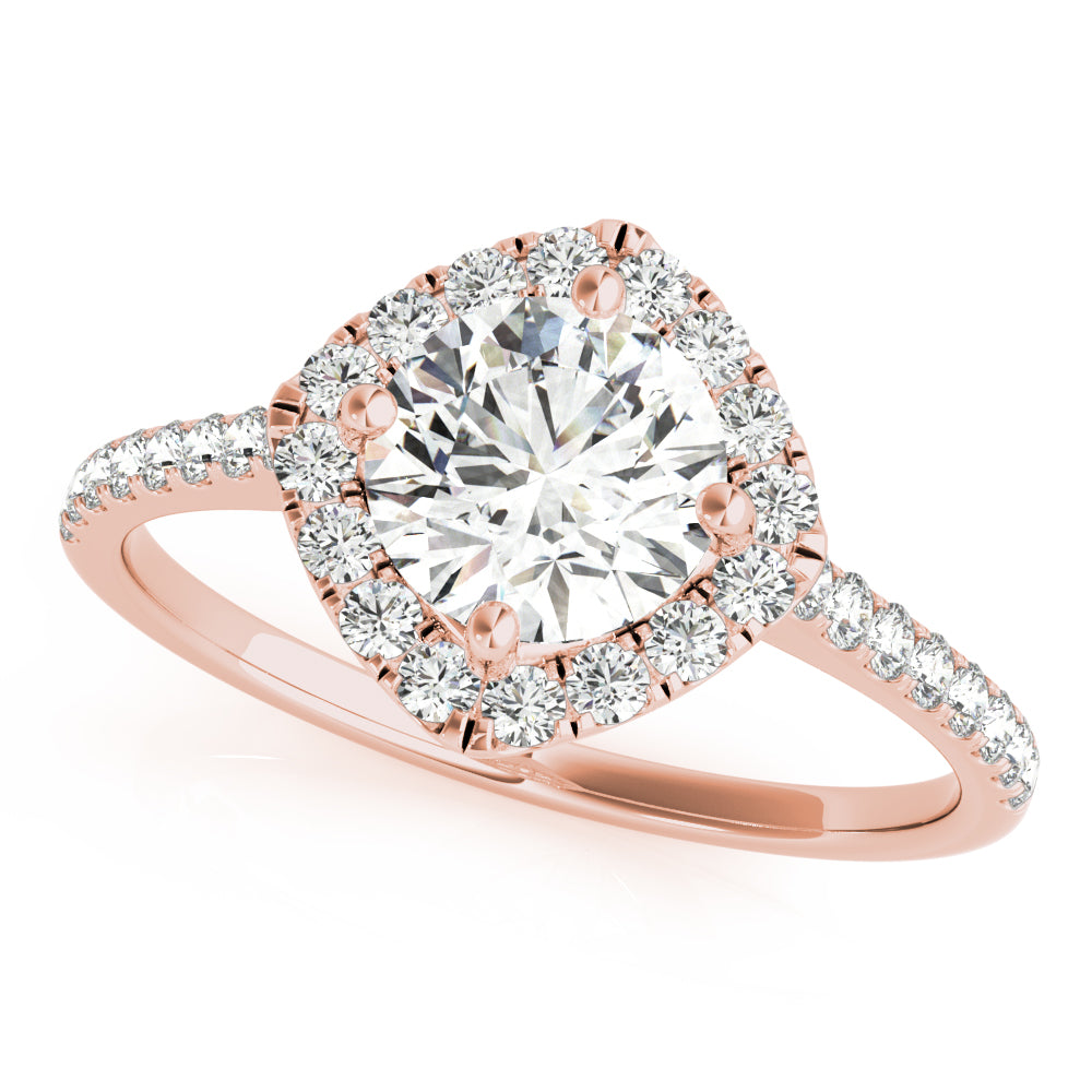 Top view of round center cushion halo ring in a cathedral prong setting with a single row pave shank in rose gold
