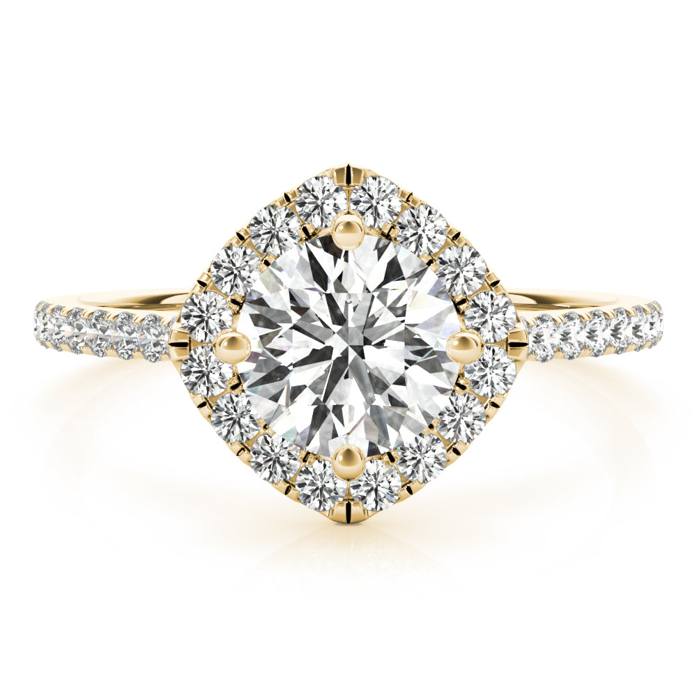 Front view of round center cushion halo ring in a cathedral prong setting with a single row pave shank in yellow gold