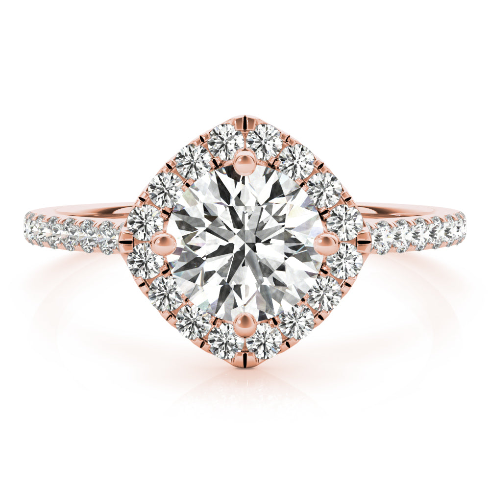 Front view of round center cushion halo ring in a cathedral prong setting with a single row pave shank in rose gold
