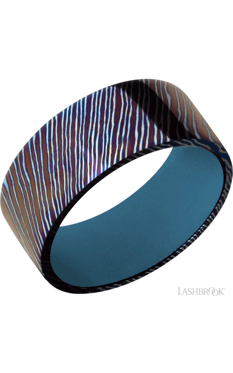 9 mm wide Flat Titanium Damascus band featuring a Royal Blue sleeve. - Diamonds By Rothschild