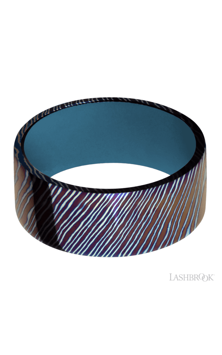 9 mm wide Flat Titanium Damascus band featuring a Royal Blue sleeve. - Diamonds By Rothschild