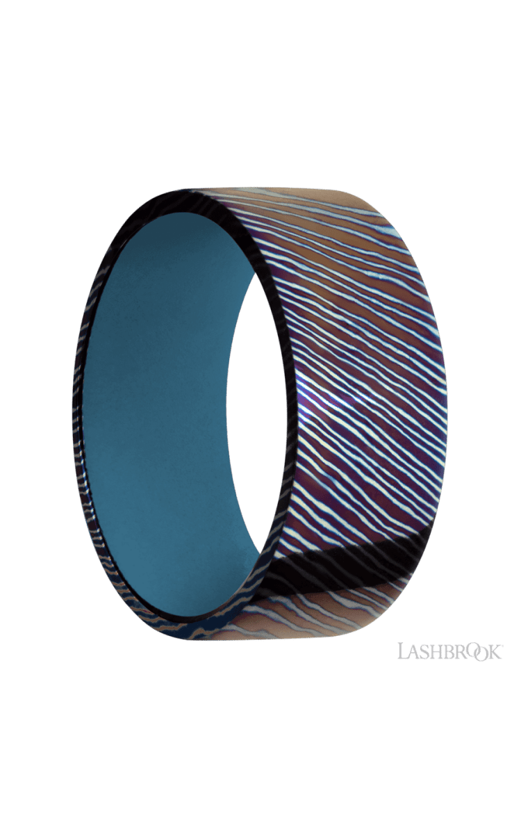 9 mm wide Flat Titanium Damascus band featuring a Royal Blue sleeve. - Diamonds By Rothschild