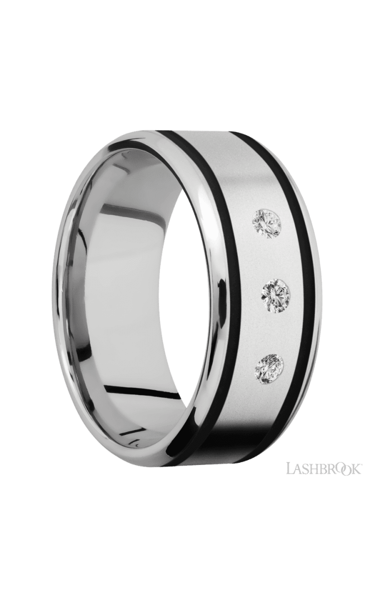 9 mm wide/Beveled/Cobalt Chrome band with two 1 mm Wide inlays of Black and featuring an arrangement of 3, .05 carat Round Diamond stones in a Flush setting - Diamonds By Rothschild