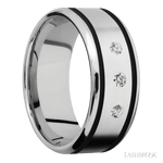 9 mm wide/Beveled/Cobalt Chrome band with two 1 mm Wide inlays of Black and featuring an arrangement of 3, .05 carat Round Diamond stones in a Flush setting - Diamonds By Rothschild
