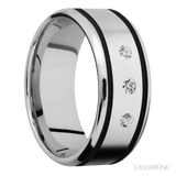 9 mm wide/Beveled/Cobalt Chrome band with two 1 mm Wide inlays of Black and featuring an arrangement of 3, .05 carat Round Diamond stones in a Flush setting - Diamonds By Rothschild