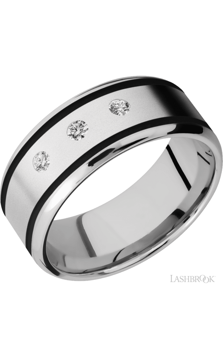 9 mm wide/Beveled/Cobalt Chrome band with two 1 mm Wide inlays of Black and featuring an arrangement of 3, .05 carat Round Diamond stones in a Flush setting - Diamonds By Rothschild
