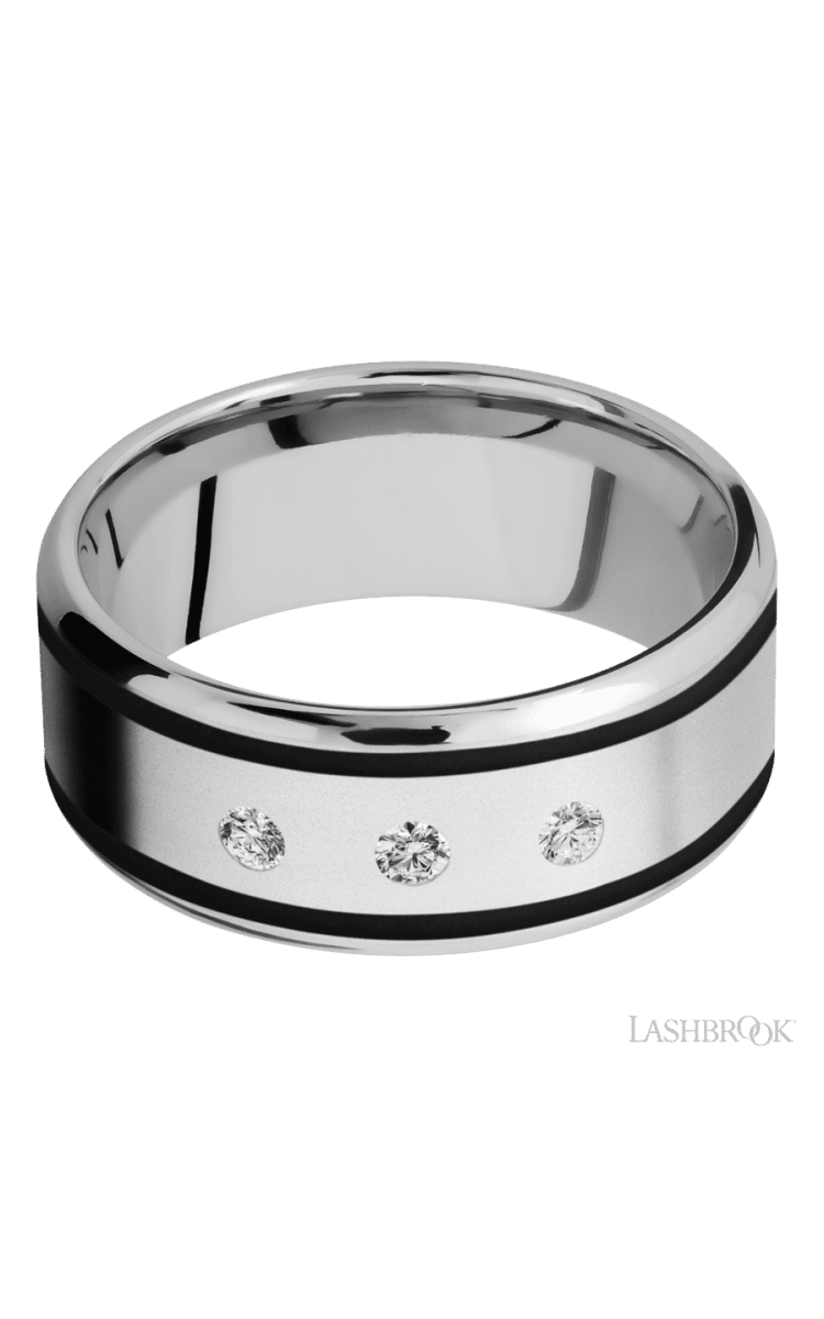 9 mm wide/Beveled/Cobalt Chrome band with two 1 mm Wide inlays of Black and featuring an arrangement of 3, .05 carat Round Diamond stones in a Flush setting - Diamonds By Rothschild