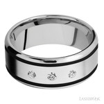9 mm wide/Beveled/Cobalt Chrome band with two 1 mm Wide inlays of Black and featuring an arrangement of 3, .05 carat Round Diamond stones in a Flush setting - Diamonds By Rothschild