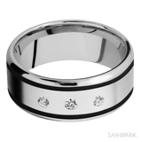 9 mm wide/Beveled/Cobalt Chrome band with two 1 mm Wide inlays of Black and featuring an arrangement of 3, .05 carat Round Diamond stones in a Flush setting - Diamonds By Rothschild