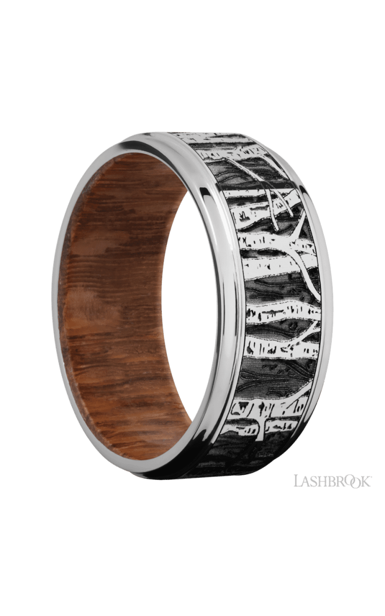 9 mm wide/Flat Grooved Edges/Cobalt Chrome band with a laser carved Aspen pattern also featuring a Leopard Wood sleeve. - Diamonds By Rothschild