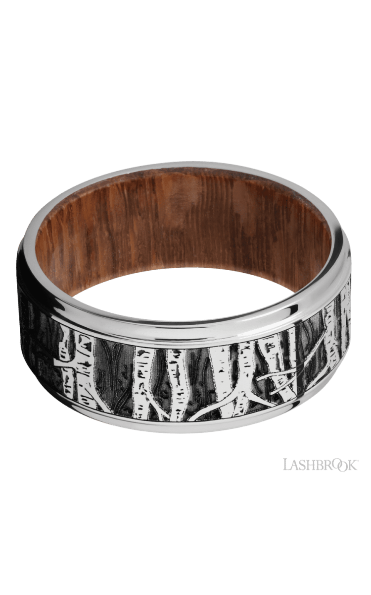 9 mm wide/Flat Grooved Edges/Cobalt Chrome band with a laser carved Aspen pattern also featuring a Leopard Wood sleeve. - Diamonds By Rothschild
