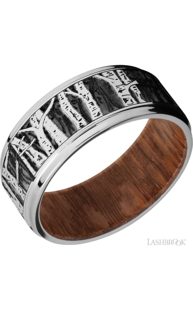9 mm wide/Flat Grooved Edges/Cobalt Chrome band with a laser carved Aspen pattern also featuring a Leopard Wood sleeve. - Diamonds By Rothschild
