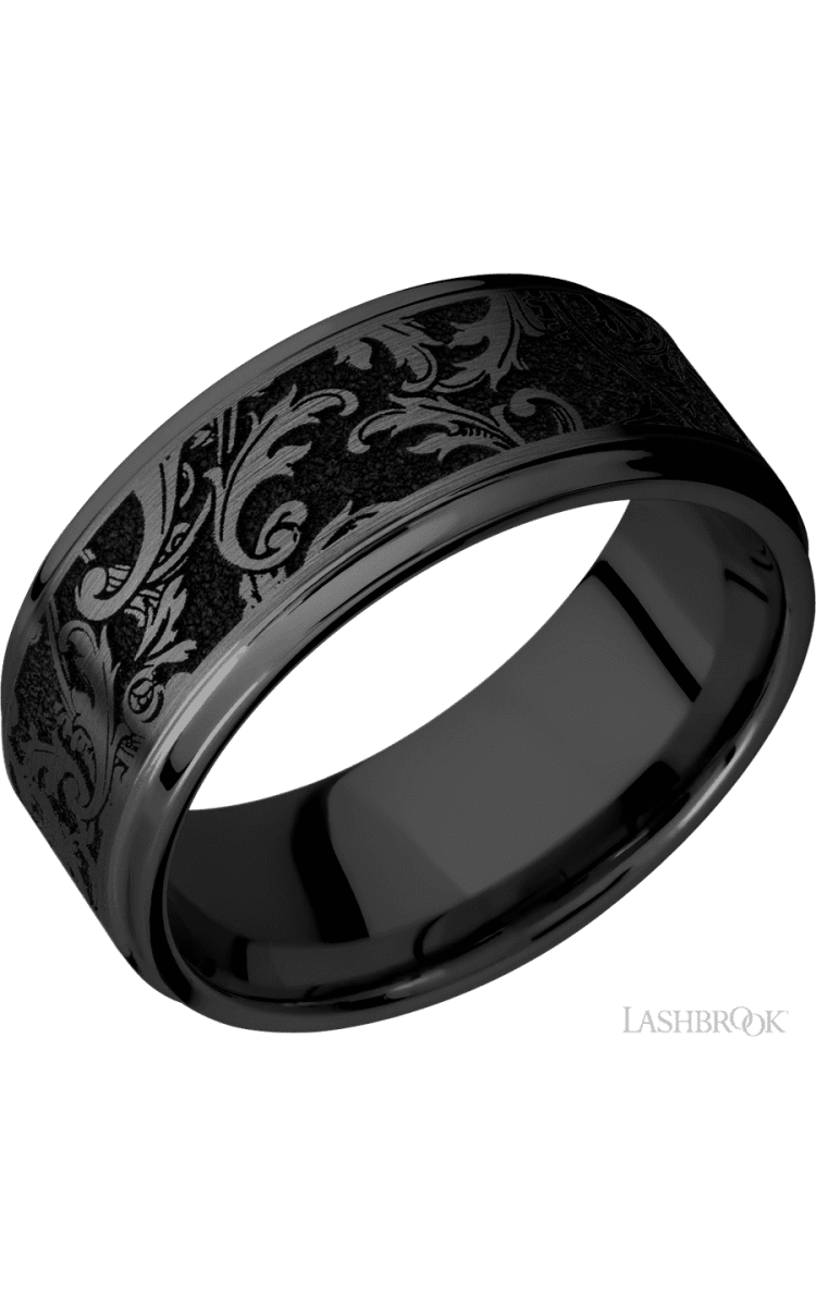 9 mm wide/Flat Grooved Edges/Zirconium band with a laser carved Black Leaf pattern. - Diamonds By Rothschild