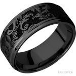 9 mm wide/Flat Grooved Edges/Zirconium band with a laser carved Black Leaf pattern. - Diamonds By Rothschild