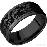 9 mm wide/Flat Grooved Edges/Zirconium band with a laser carved Black Leaf pattern. - Diamonds By Rothschild