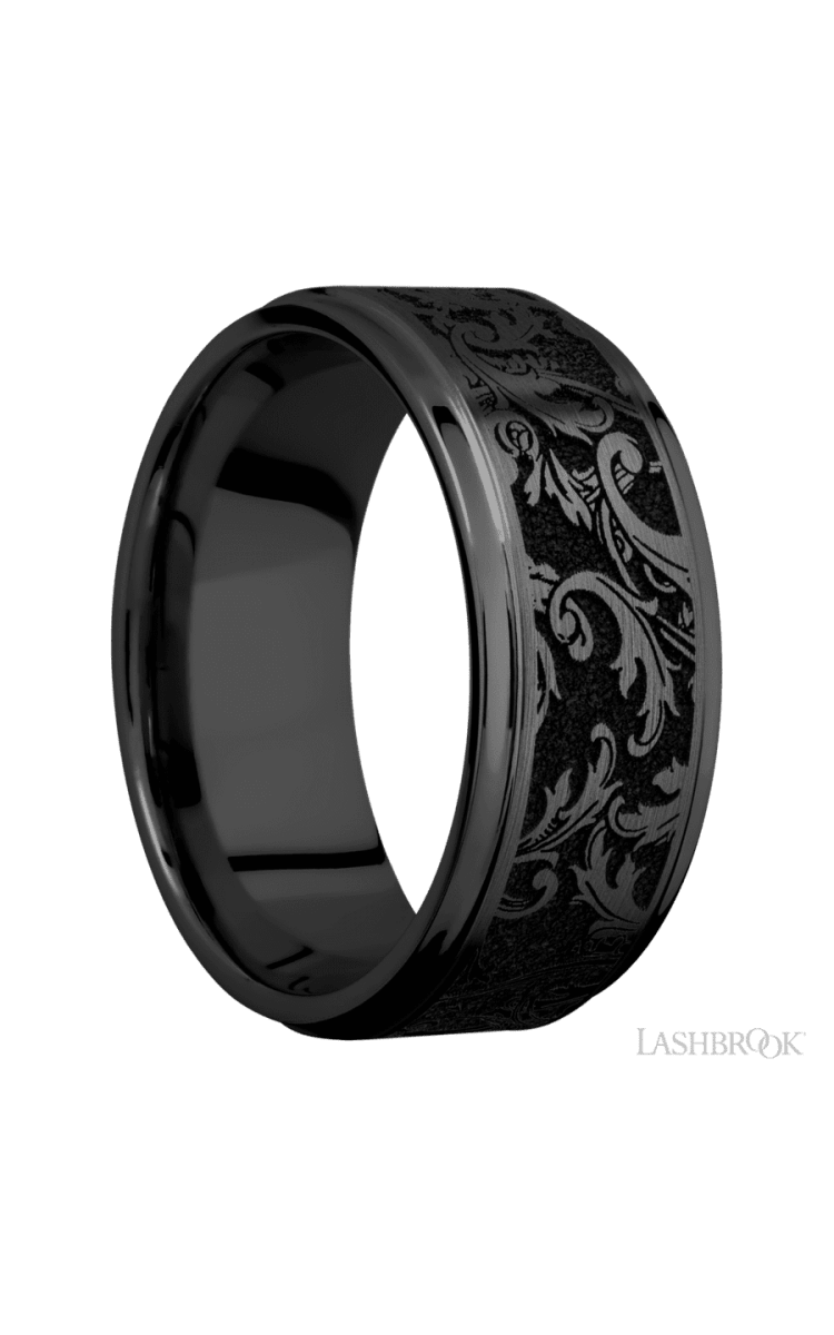 9 mm wide/Flat Grooved Edges/Zirconium band with a laser carved Black Leaf pattern. - Diamonds By Rothschild