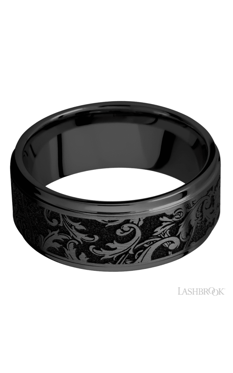 9 mm wide/Flat Grooved Edges/Zirconium band with a laser carved Black Leaf pattern. - Diamonds By Rothschild