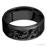 9 mm wide/Flat Grooved Edges/Zirconium band with a laser carved Black Leaf pattern. - Diamonds By Rothschild