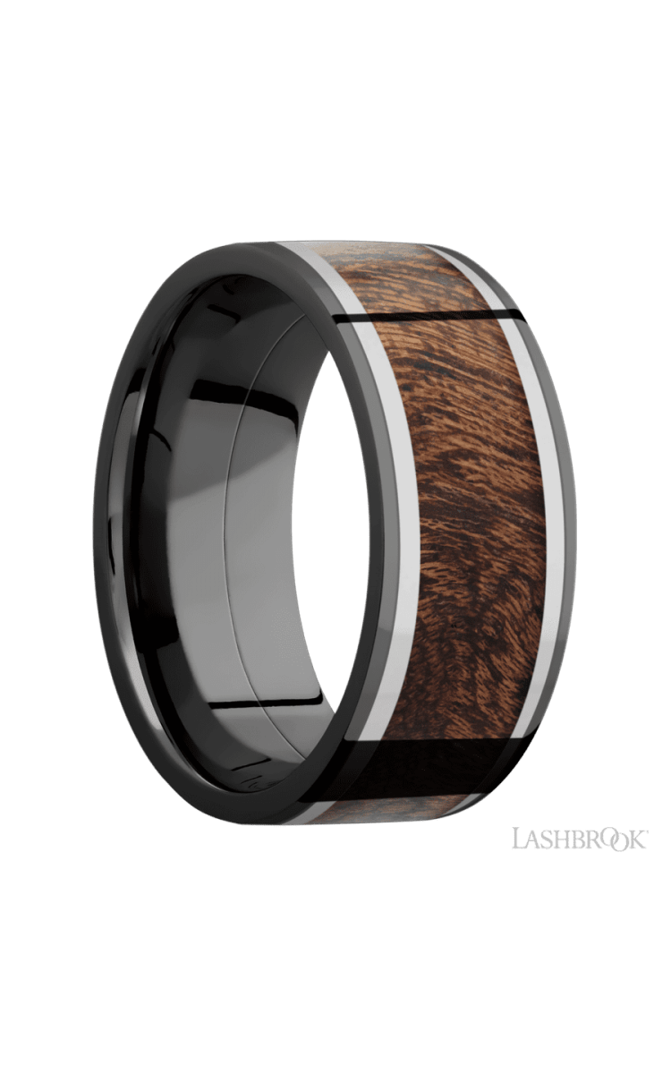 9 mm wide/Flat/Zirconium band featuring inlays of Titanium and Sapele. - Diamonds By Rothschild