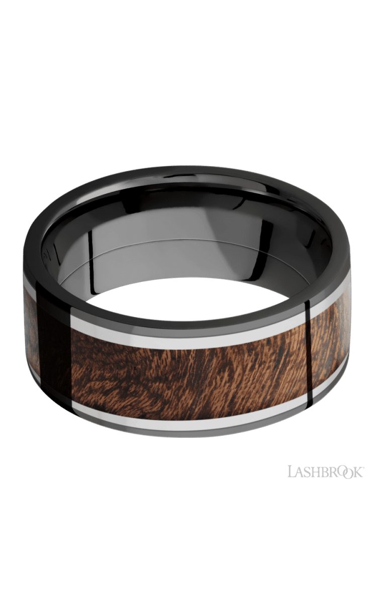 9 mm wide/Flat/Zirconium band featuring inlays of Titanium and Sapele. - Diamonds By Rothschild