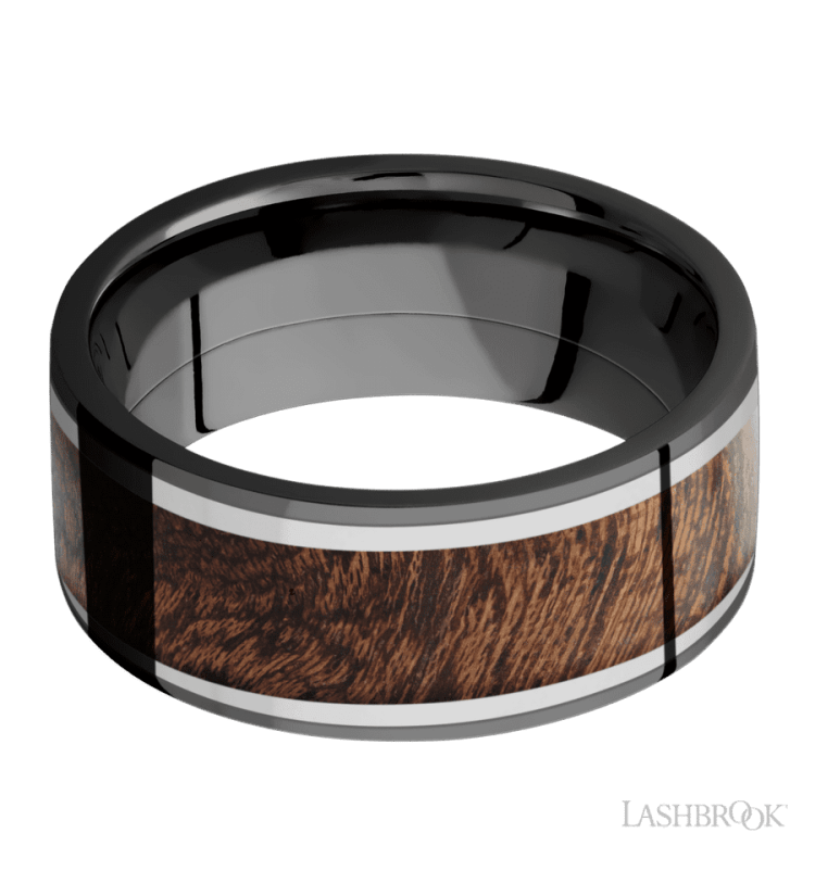 9 mm wide/Flat/Zirconium band featuring inlays of Titanium and Sapele. - Diamonds By Rothschild