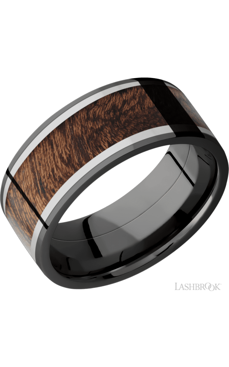 9 mm wide/Flat/Zirconium band featuring inlays of Titanium and Sapele. - Diamonds By Rothschild