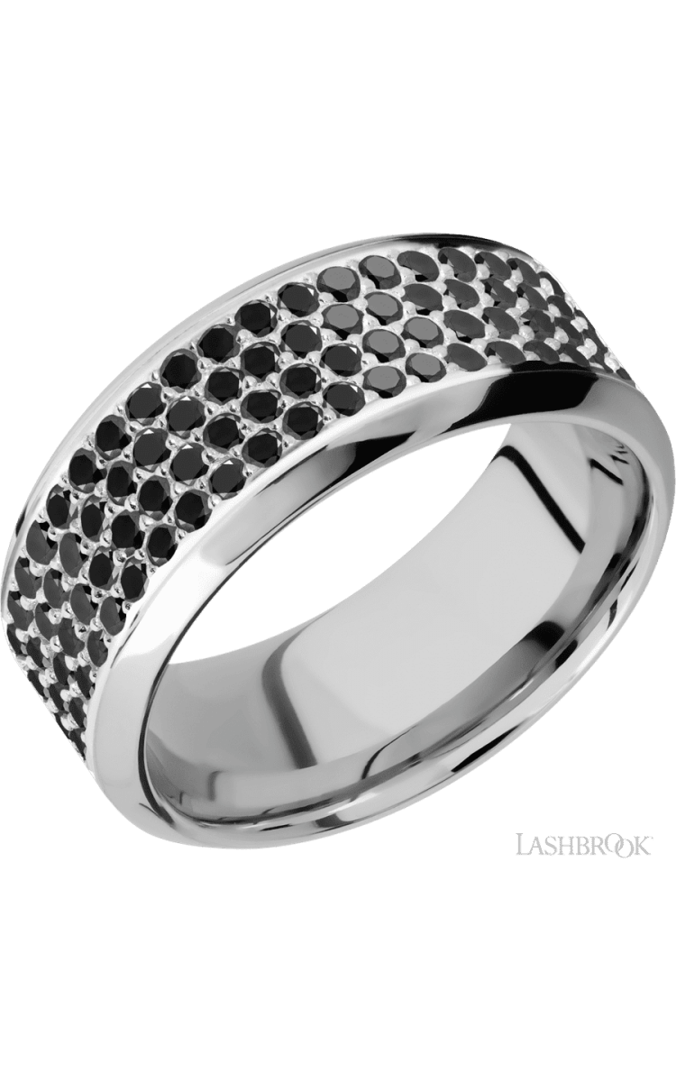 9 mm wide/High Bevel/14K White Gold band with a 4 Row Half Eternity arrangement of .015 carat Round Black Diamond stones in a Bead Channel setting. - Diamonds By Rothschild
