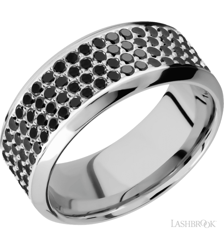 9 mm wide/High Bevel/14K White Gold band with a 4 Row Half Eternity arrangement of .015 carat Round Black Diamond stones in a Bead Channel setting. - Diamonds By Rothschild
