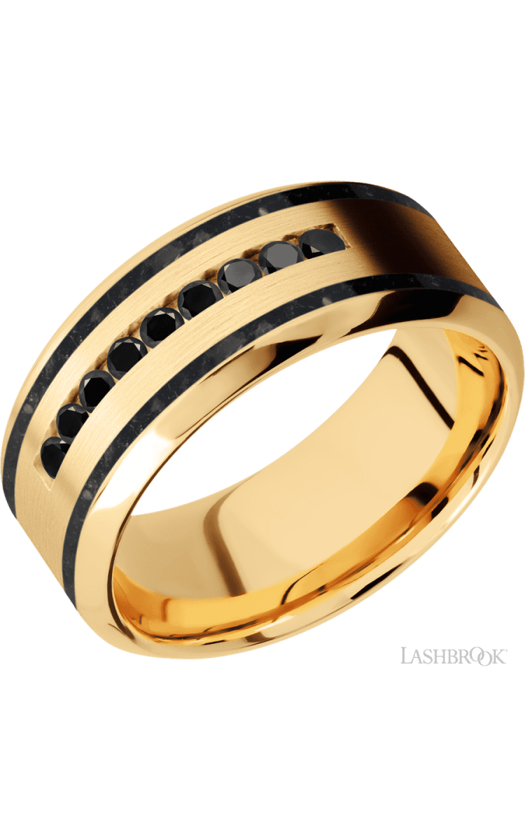 9 mm wide/High Bevel/14K Yellow Gold band with two 1 mm Wide inlays of Black Onyx and featuring an arrangement of 9, .03 carat Round Black Diamond stones in a Channel setting - Diamonds By Rothschild