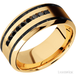 9 mm wide/High Bevel/14K Yellow Gold band with two 1 mm Wide inlays of Black Onyx and featuring an arrangement of 9, .03 carat Round Black Diamond stones in a Channel setting - Diamonds By Rothschild