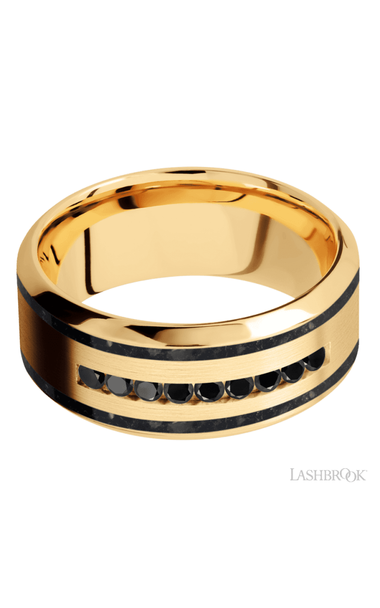 9 mm wide/High Bevel/14K Yellow Gold band with two 1 mm Wide inlays of Black Onyx and featuring an arrangement of 9, .03 carat Round Black Diamond stones in a Channel setting - Diamonds By Rothschild