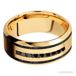 9 mm wide/High Bevel/14K Yellow Gold band with two 1 mm Wide inlays of Black Onyx and featuring an arrangement of 9, .03 carat Round Black Diamond stones in a Channel setting - Diamonds By Rothschild