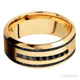 9 mm wide/High Bevel/14K Yellow Gold band with two 1 mm Wide inlays of Black Onyx and featuring an arrangement of 9, .03 carat Round Black Diamond stones in a Channel setting - Diamonds By Rothschild