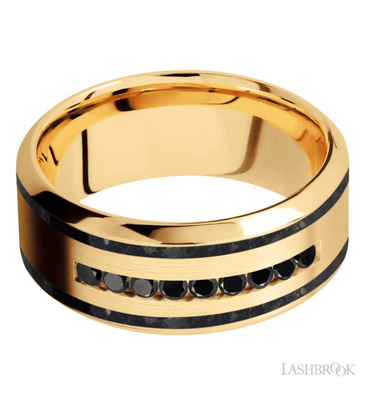 9 mm wide/High Bevel/14K Yellow Gold band with two 1 mm Wide inlays of Black Onyx and featuring an arrangement of 9, .03 carat Round Black Diamond stones in a Channel setting - Diamonds By Rothschild