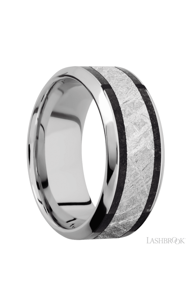 9 mm wide/High Bevel/Cobalt Chrome band featuring inlays of Dinosaur Bone Black and Meteorite. - Diamonds By Rothschild