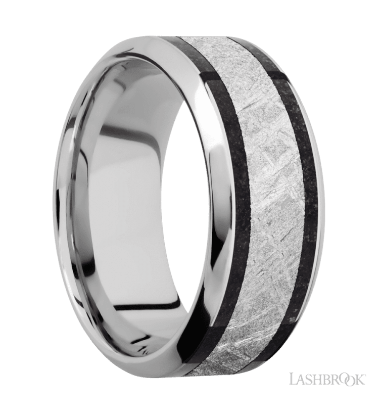 9 mm wide/High Bevel/Cobalt Chrome band featuring inlays of Dinosaur Bone Black and Meteorite. - Diamonds By Rothschild