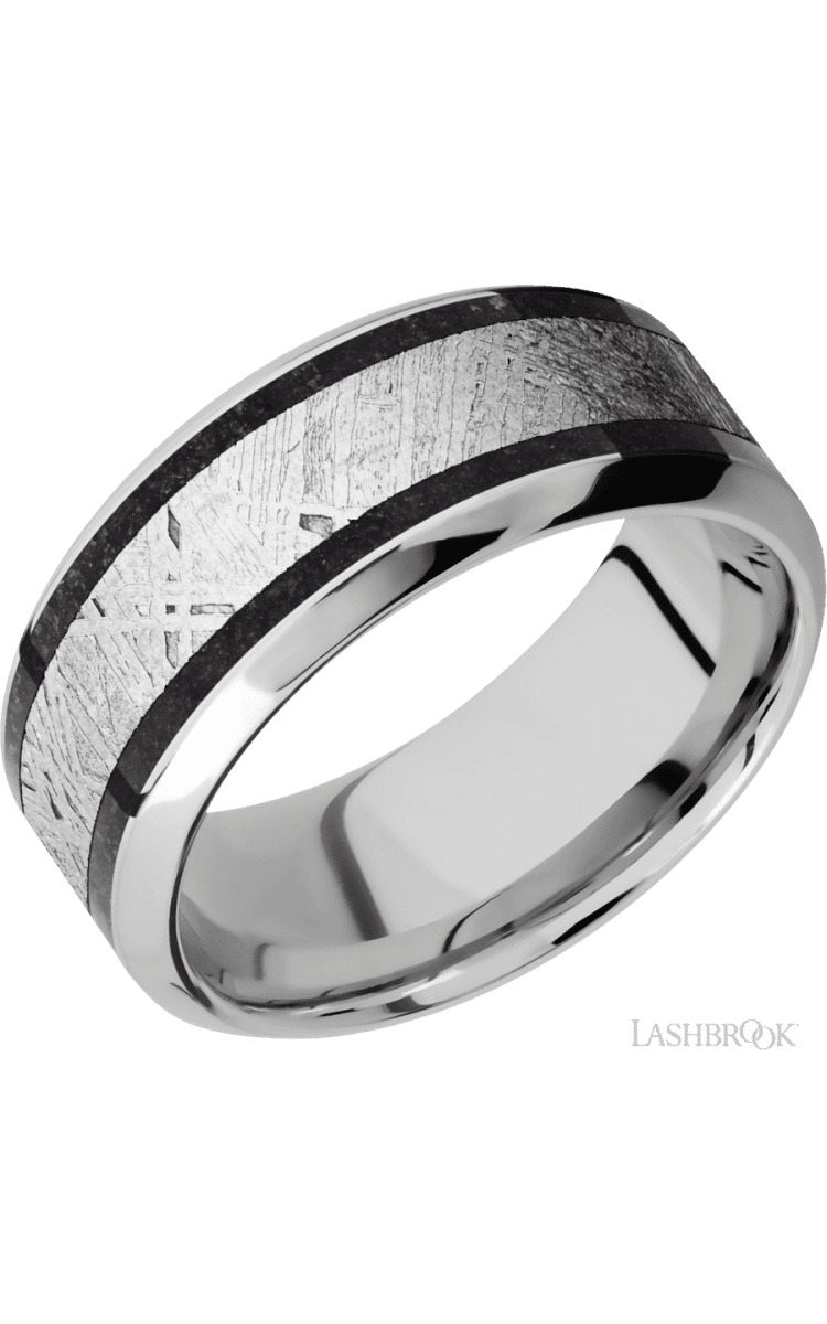 9 mm wide/High Bevel/Cobalt Chrome band featuring inlays of Dinosaur Bone Black and Meteorite. - Diamonds By Rothschild