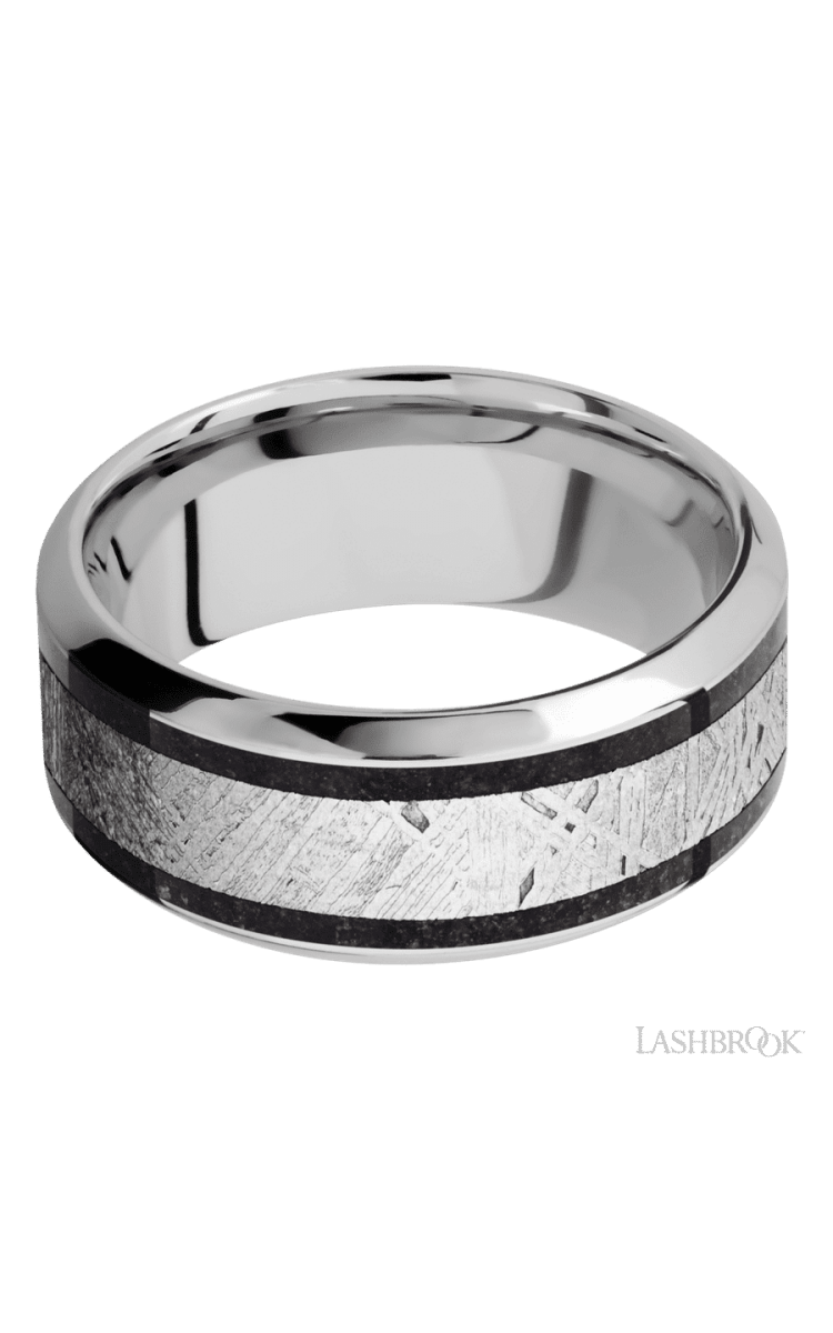 9 mm wide/High Bevel/Cobalt Chrome band featuring inlays of Dinosaur Bone Black and Meteorite. - Diamonds By Rothschild